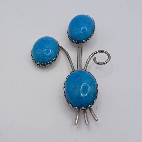 Vintage Estate Turquoise Blue Glass Bracelet Brooch Set Floral Spray Cabochon - Picture 2 of 7
